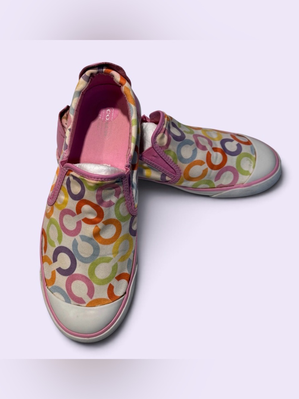 Coach Multicolor 'C' Print Slip-On Sneakers with Pink Trim